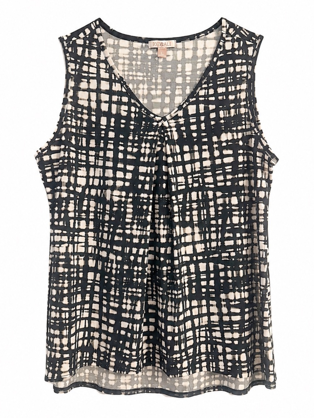 Black White Grid Print Sleeveless V Neck Blouse Top Size L
